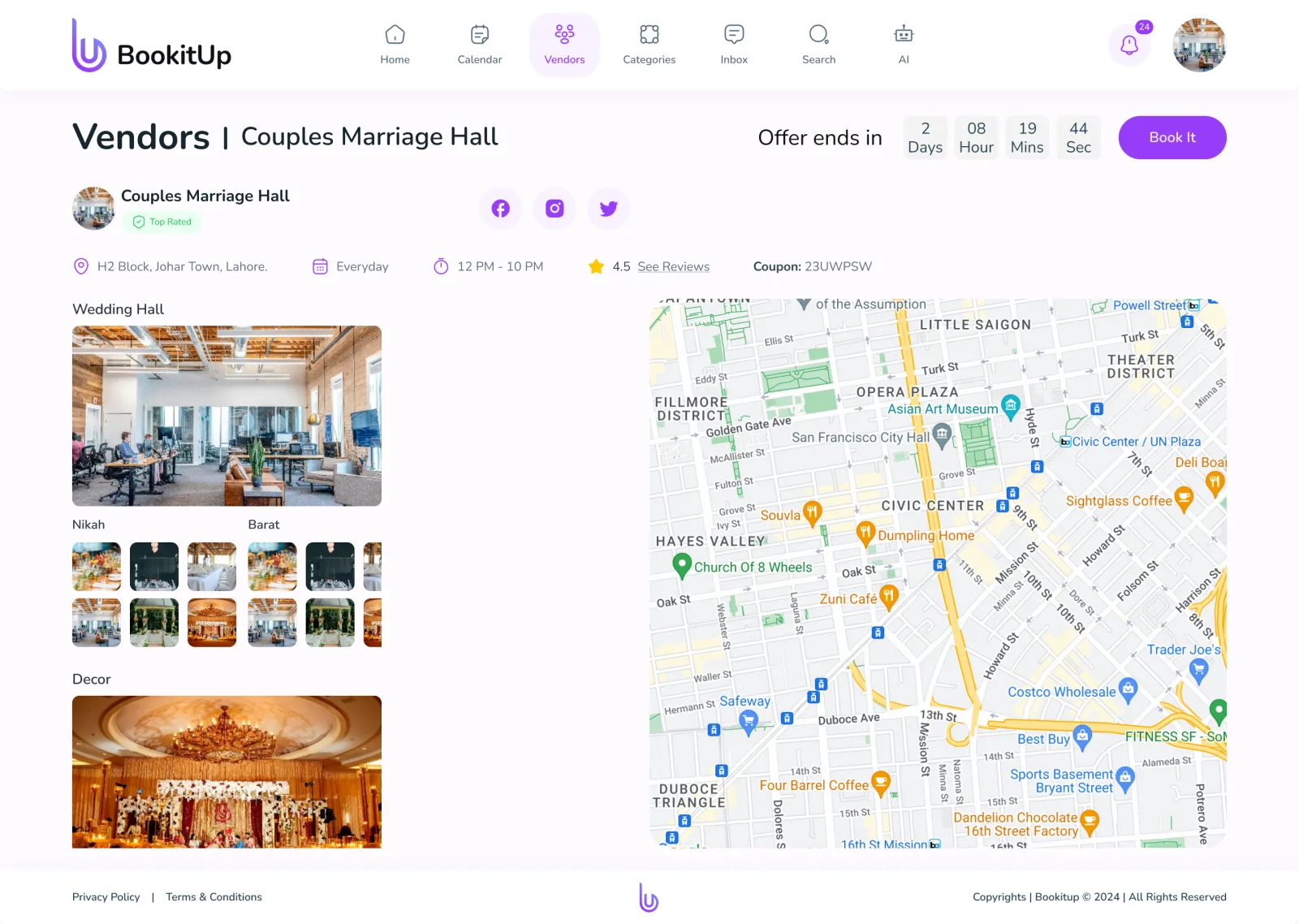 A BookitUp vendor page: Couples Marriage Hall, top rated, 4.5 stars, a coupon, a countdown to the offer ending, a Book It button, photo galleries and a map.