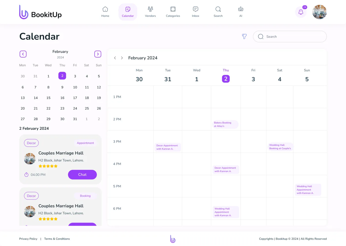The BookitUp calendar: a week grid with appointments and confirmed bookings, each openable to a chat with the vendor.